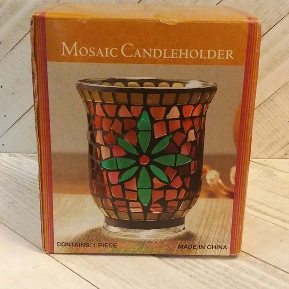 Vintage Mosaic Flower Pattern Candle Holder In Original Box - Picture 2 of 4
